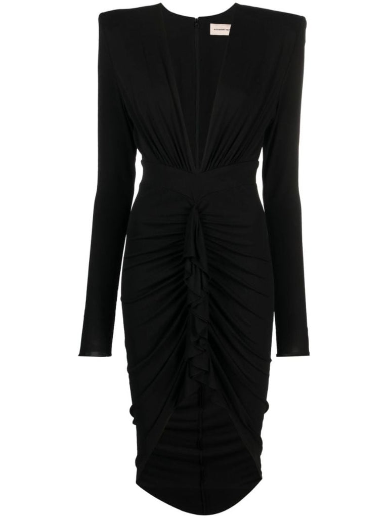 Black Gathered V-neck Dress