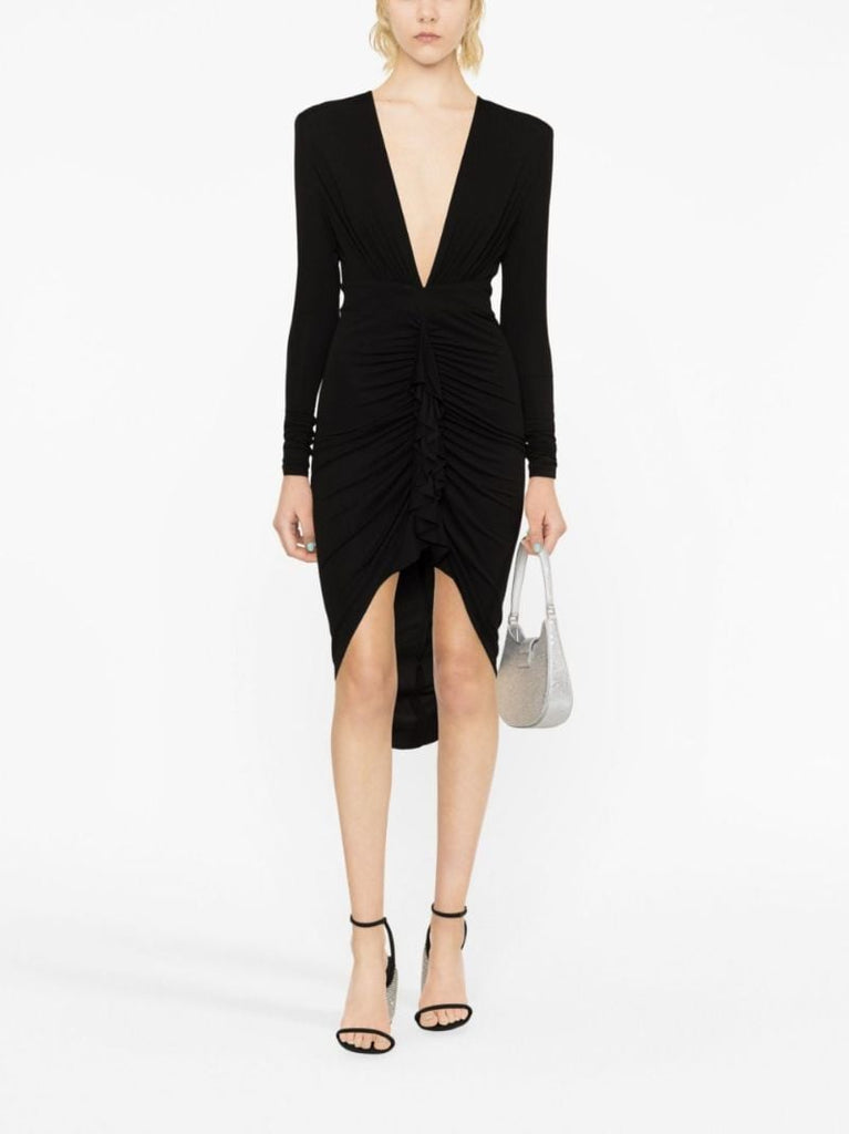 Black Gathered V-neck Dress