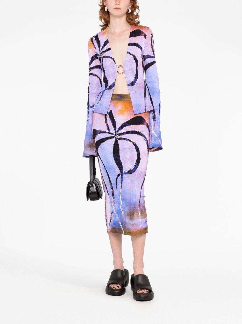 Purple Botanical-print Midi Skirt