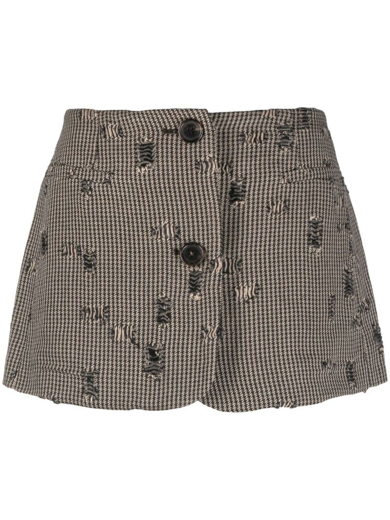 Neutral Distressed Houndstooth Mini Skirt