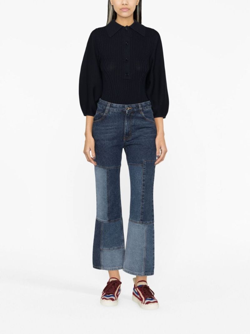 Blue Patchwork Flared Jeans