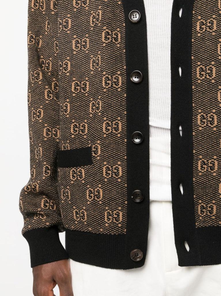Brown Gg Jacquard Wool Cardigan