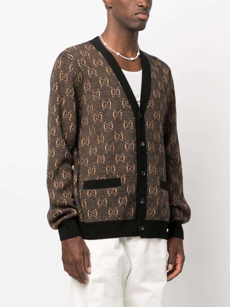 Brown Gg Jacquard Wool Cardigan