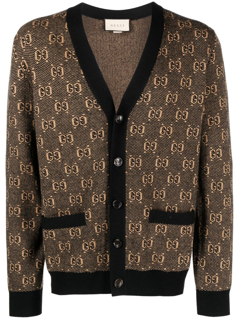 Brown Gg Jacquard Wool Cardigan