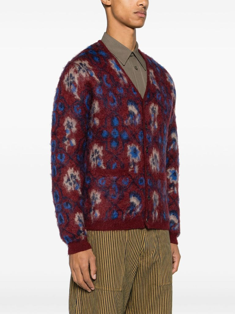 Red Brushed Floral-intarsia Cardigan