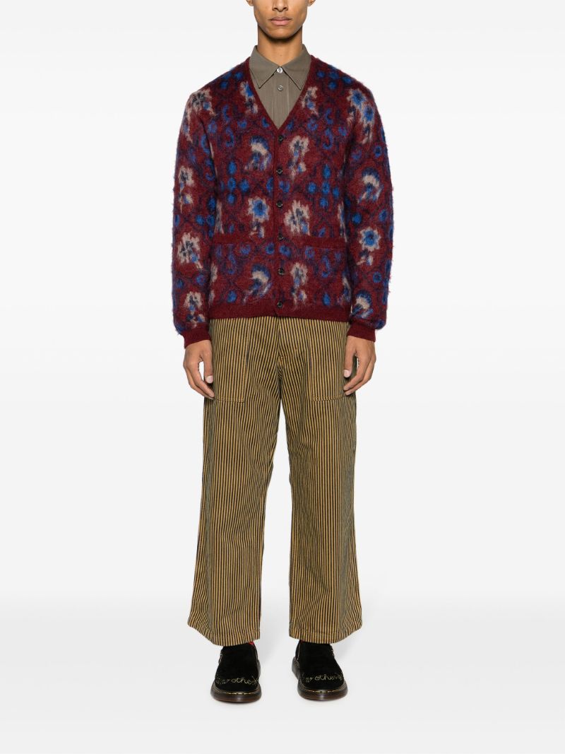 Red Brushed Floral-intarsia Cardigan