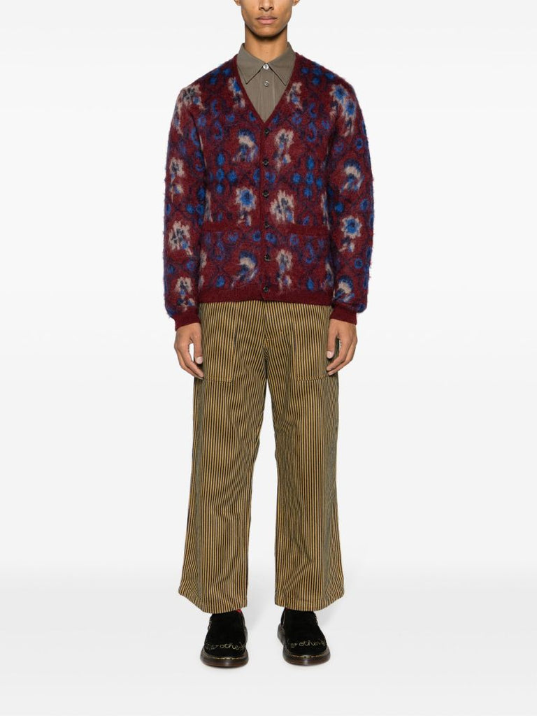 Red Brushed Floral-intarsia Cardigan