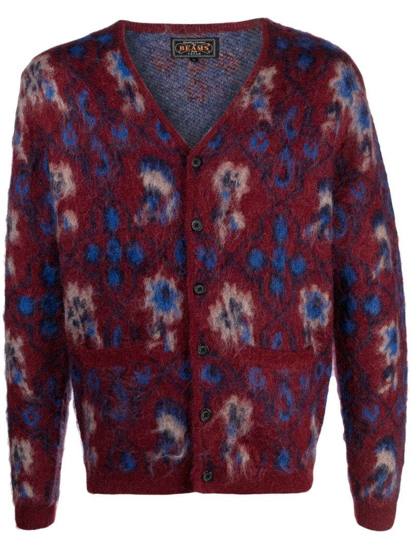 Red Brushed Floral-intarsia Cardigan