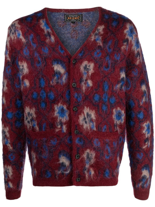 Red Brushed Floral-intarsia Cardigan