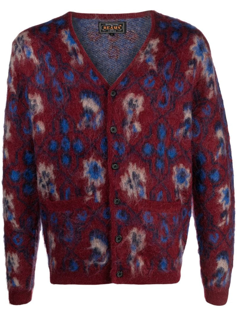 Red Brushed Floral-intarsia Cardigan