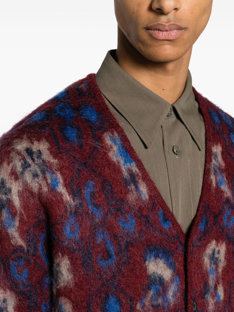 Red Brushed Floral-intarsia Cardigan