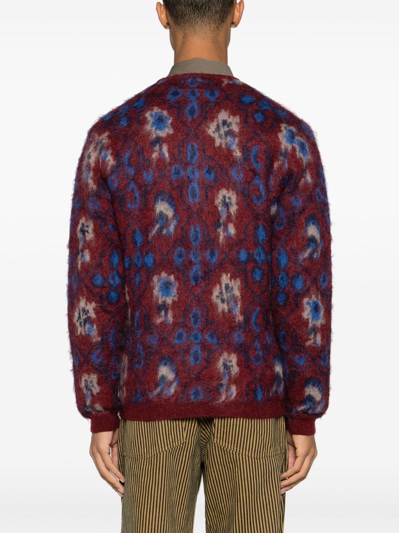 Red Brushed Floral-intarsia Cardigan