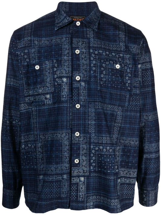 Blue Graphic-pattern Cotton Shirt