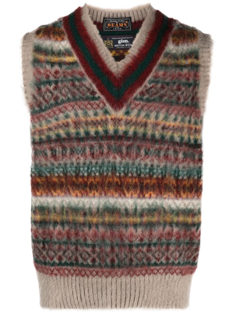 Neutral Fair Isle Intarsia-knit Knitted Vest