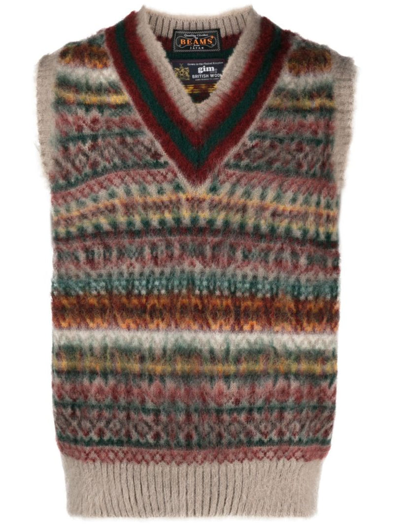 Neutral Fair Isle Intarsia-knit Knitted Vest