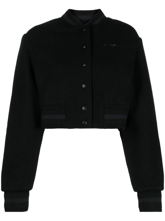 Black Cropped Wool Bomber Jacket
