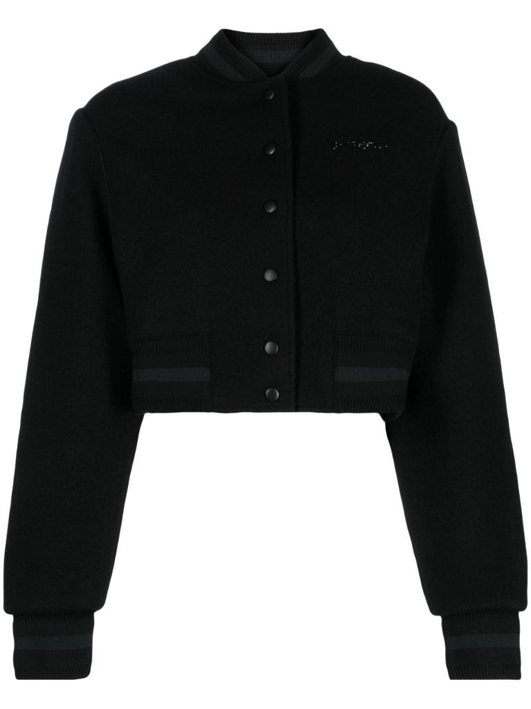 Black Cropped Wool Bomber Jacket