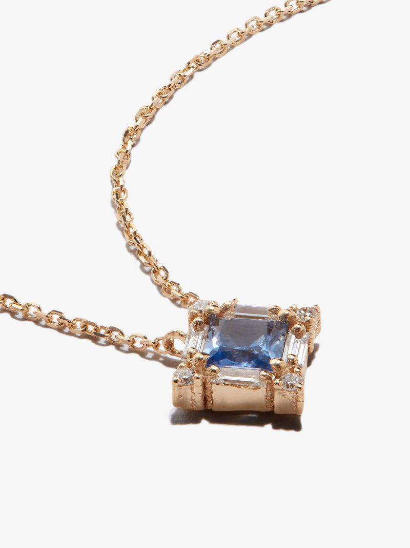 18k Yellow Gold Sapphire Pendant Diamond Necklace