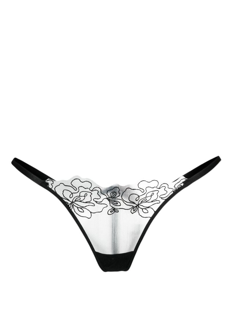 Black Juni Floral-embroidered Thong