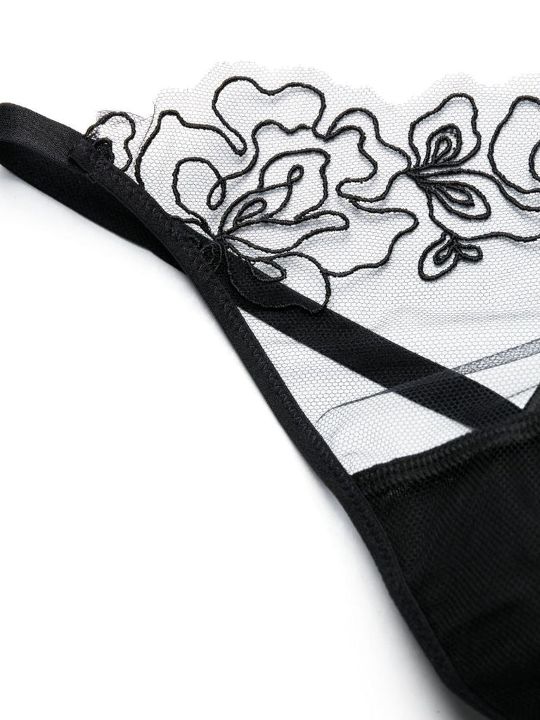 Black Juni Floral-embroidered Thong