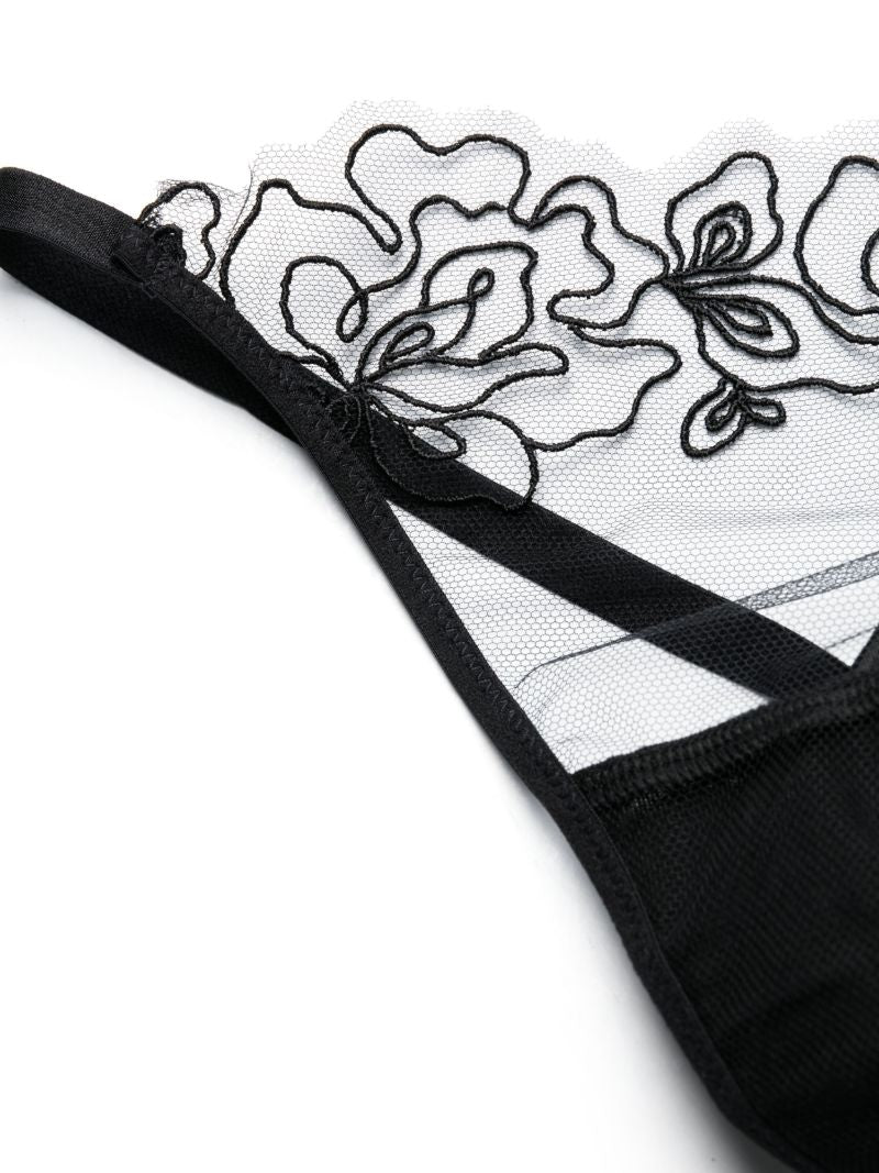 Black Juni Floral-embroidered Thong