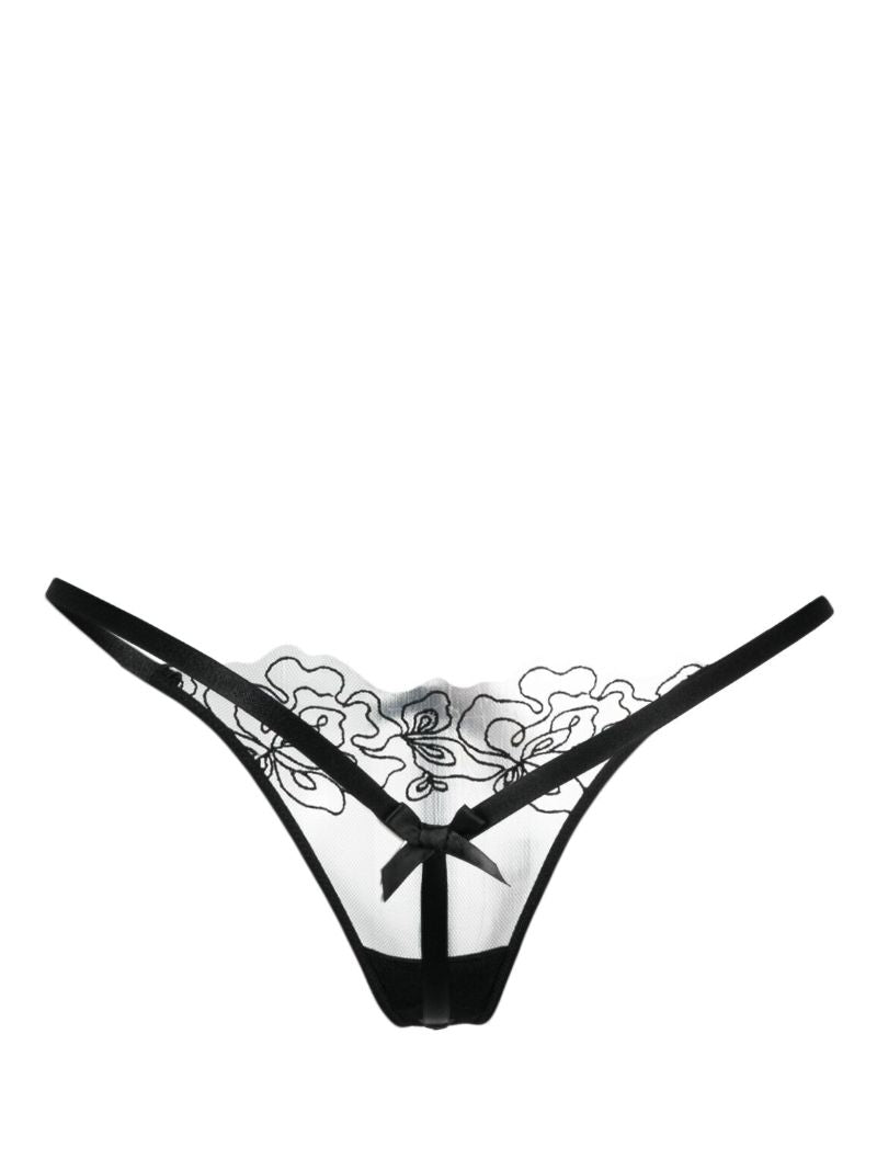 Black Juni Floral-embroidered Thong