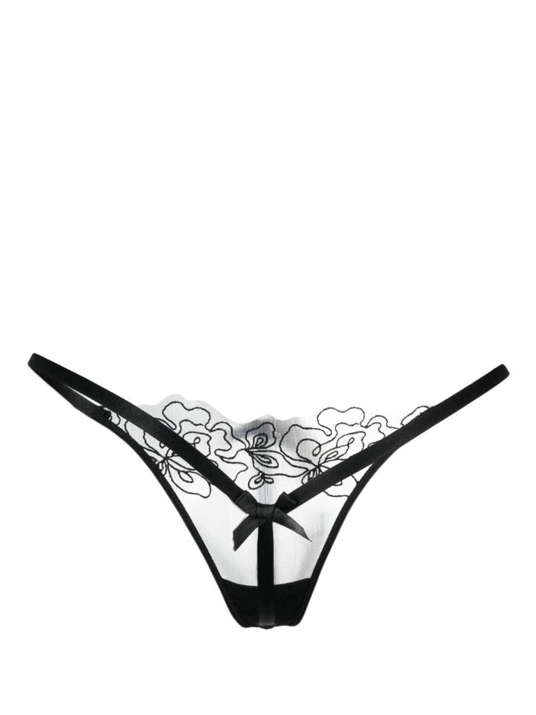 Black Juni Floral-embroidered Thong