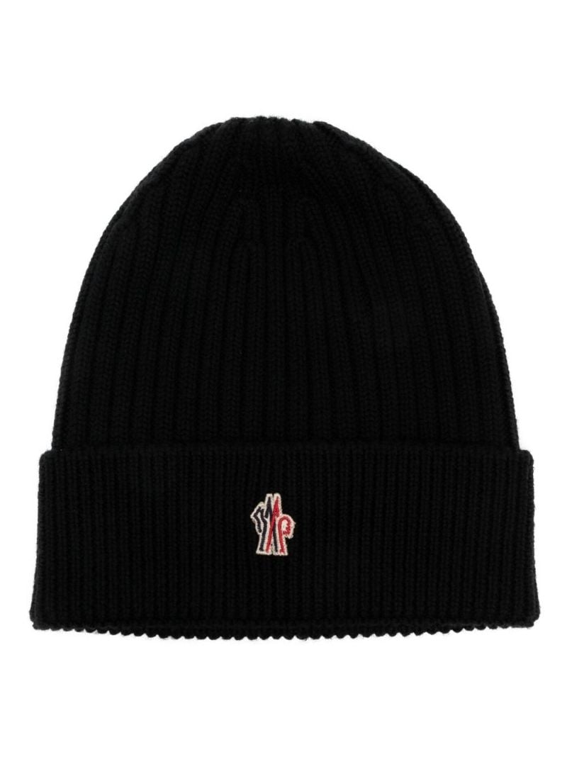 Black Logo Embroidered Ribbed Knit Beanie