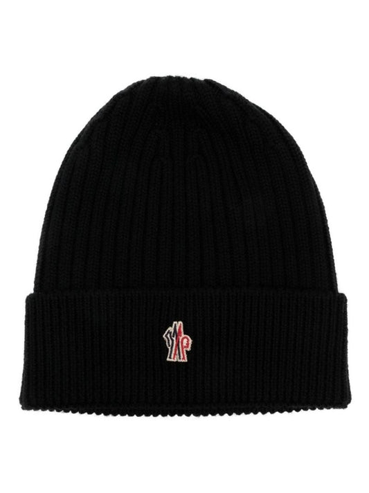 Black Logo Embroidered Ribbed Knit Beanie