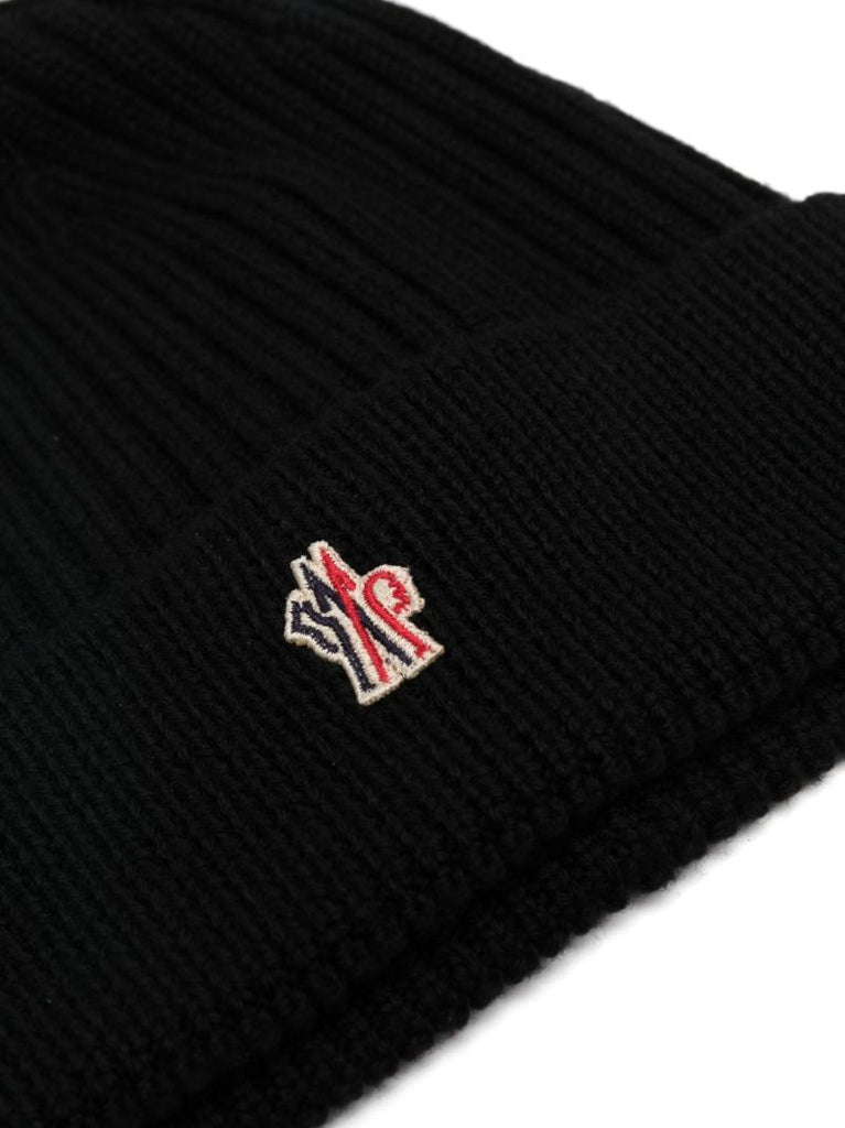 Black Logo Embroidered Ribbed Knit Beanie