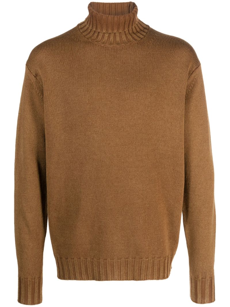 Brown Washed Roll-neck Wool Sweater