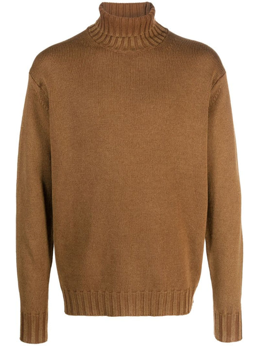 Brown Washed Roll-neck Wool Sweater