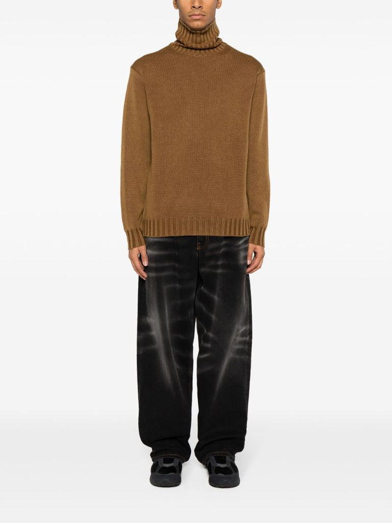 Brown Washed Roll-neck Wool Sweater
