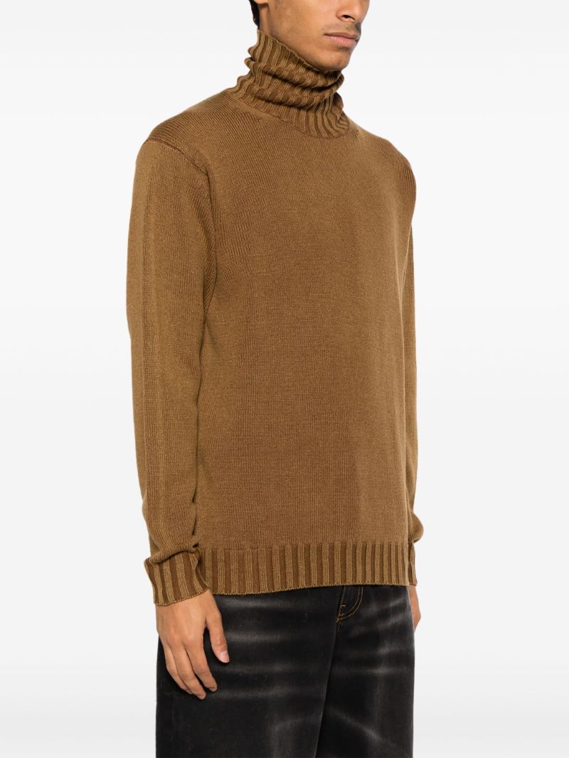 Brown Washed Roll-neck Wool Sweater