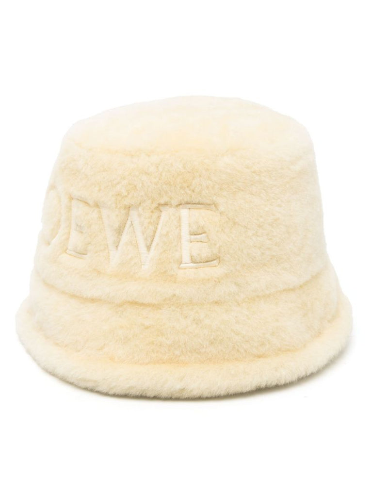 White Logo Embroidered Shearling Bucket Hat