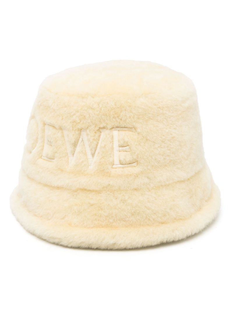 White Logo Embroidered Shearling Bucket Hat
