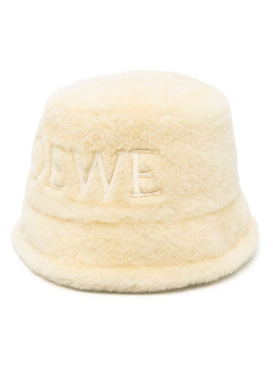 White Logo Embroidered Shearling Bucket Hat