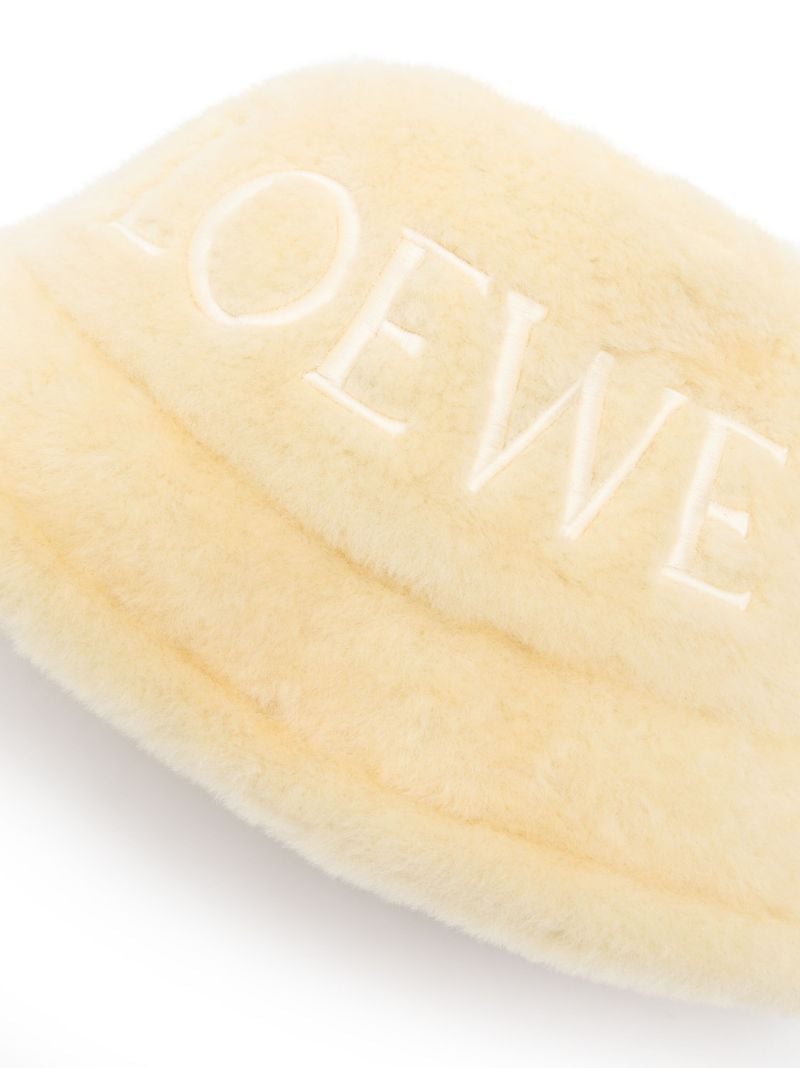 White Logo Embroidered Shearling Bucket Hat