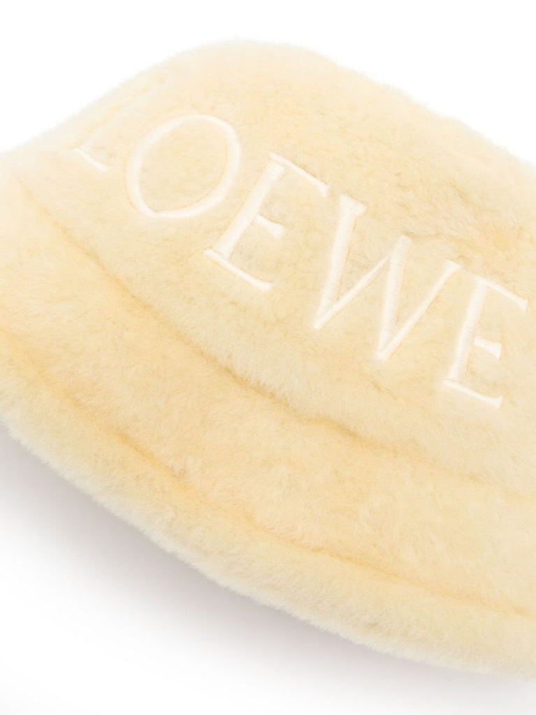 White Logo Embroidered Shearling Bucket Hat