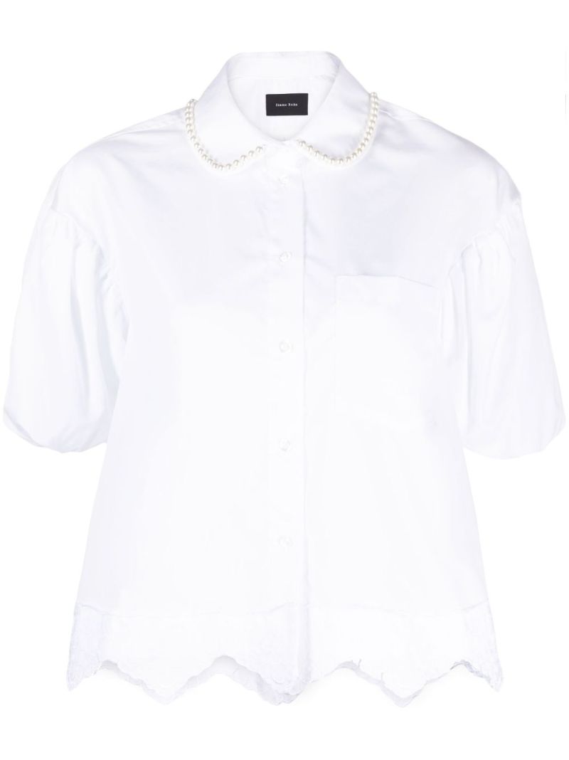 White Pearl Embellished Puff Sleeve Shirt