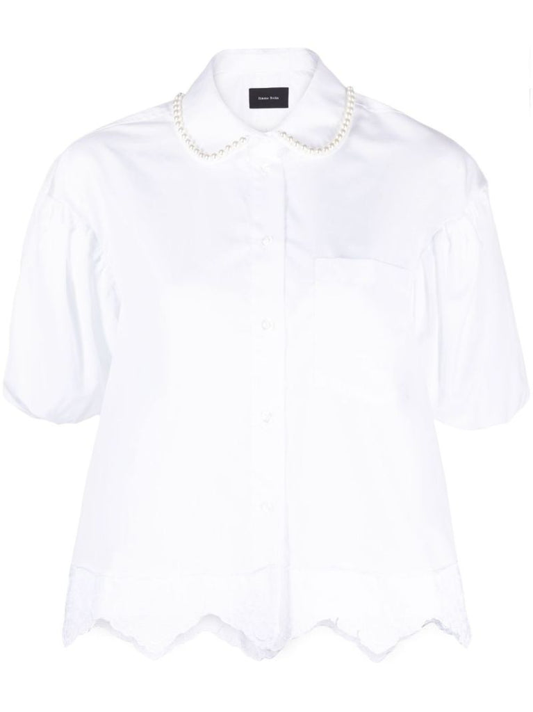White Pearl Embellished Puff Sleeve Shirt