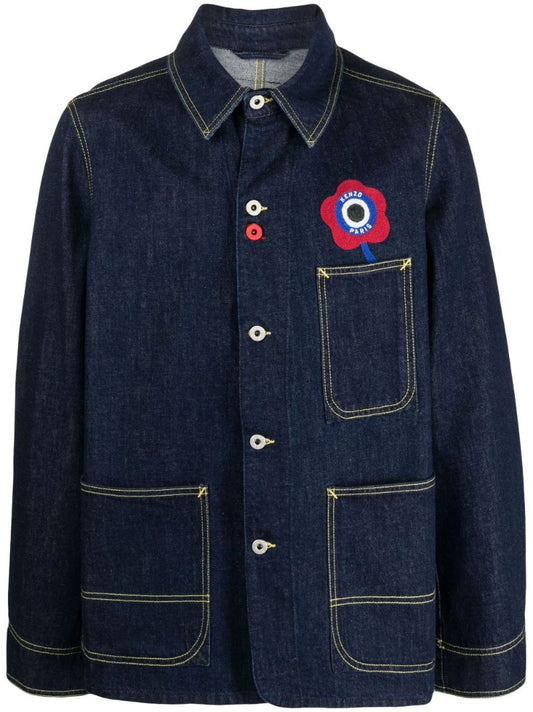 Blue Floral Embroidered Denim Shirt Jacket