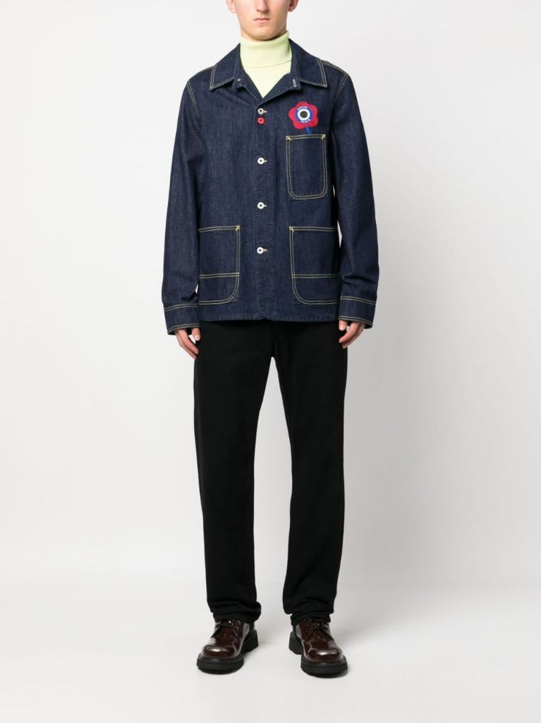 Blue Floral Embroidered Denim Shirt Jacket