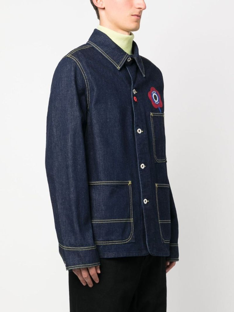 Blue Floral Embroidered Denim Shirt Jacket
