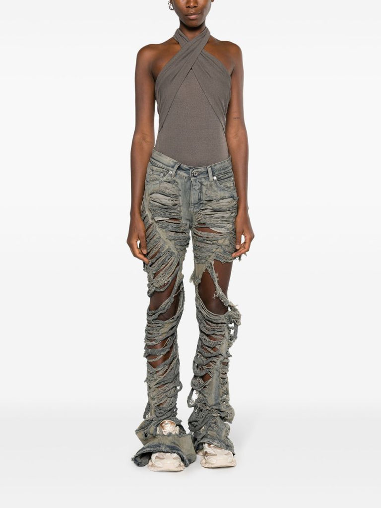 Blue Shredded Flared Jeans