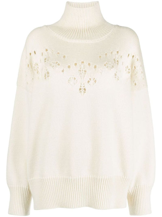 White Pointelle-knit Wool Sweater