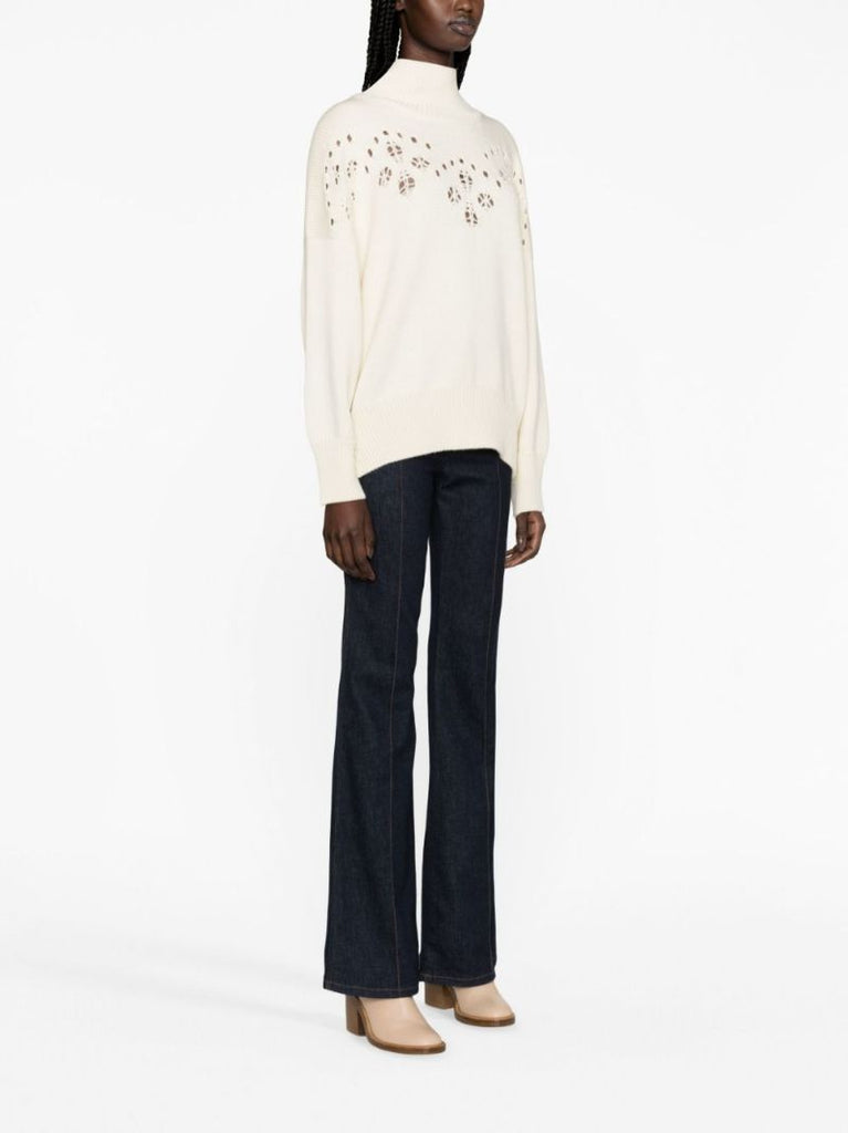 White Pointelle-knit Wool Sweater
