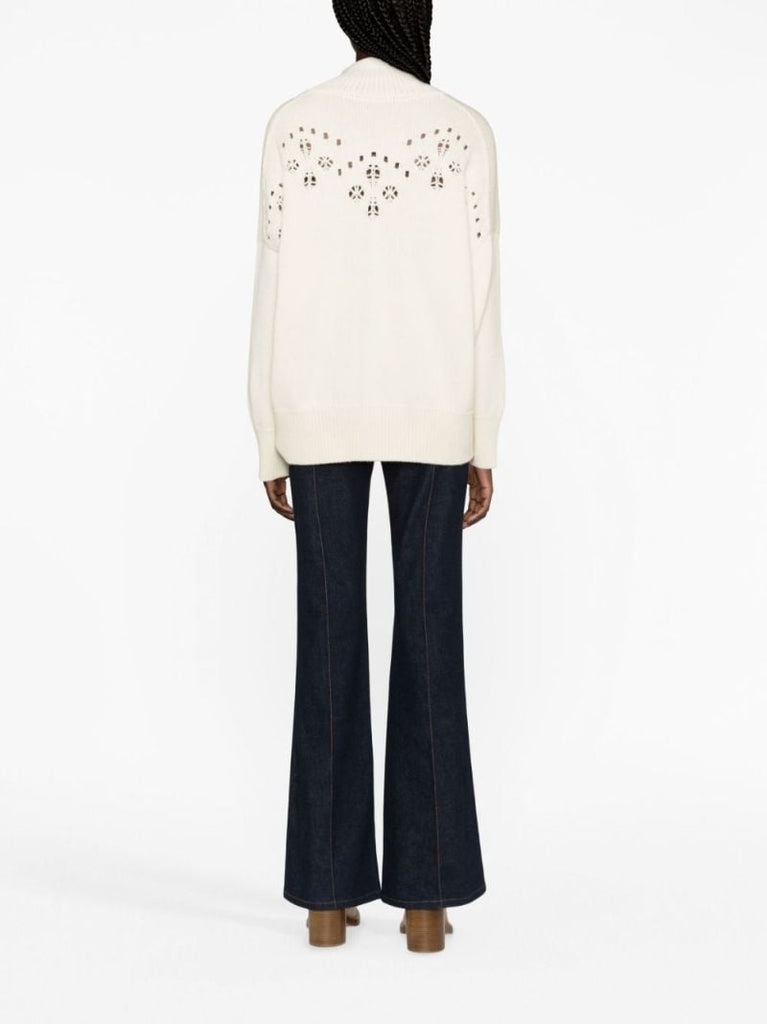 White Pointelle-knit Wool Sweater