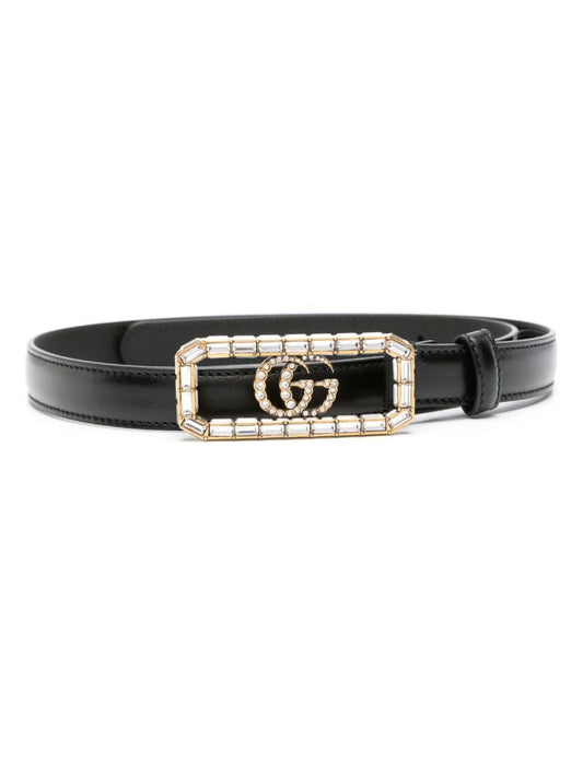 Black Crystal Double G Leather Belt
