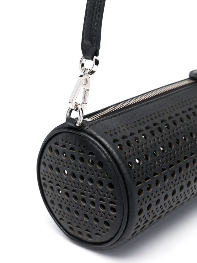 Black Tube Perforated Leather Shoulder Bag